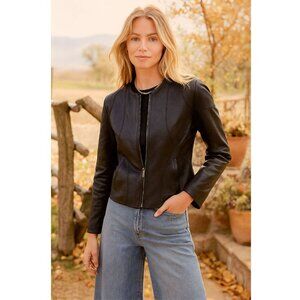 Siena Studio Black Leather Jacket Moto Biker Crop Collarless Seam Details SP